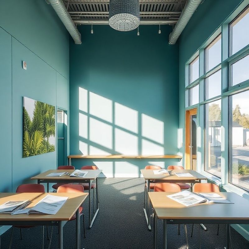 Interior of the Tauranganet Victoria Street centre, natural light, clean teal-modern desks
