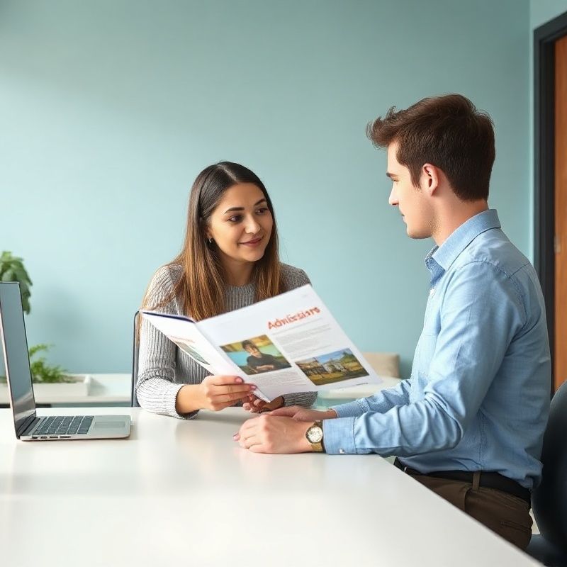 An admissions adviser and student reviewing a printed programme outline