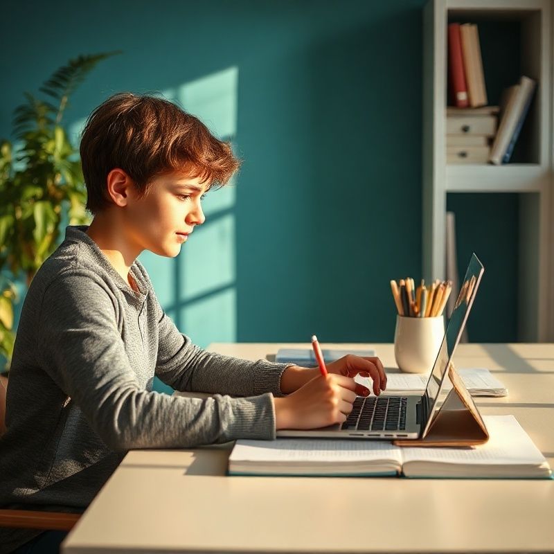 A student writing an extended essay with reference books and a laptop